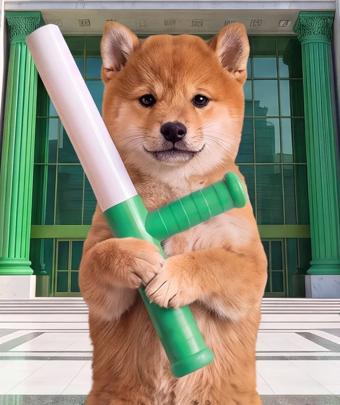 The BATON mascot, a Shiba Inu holding a white and green relay baton, in front of Baton Corporation headquarters