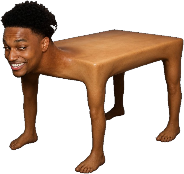 The Black Table himself: a grinning gentleman whose body is a polished wooden table, patiently holding everyone’s rent
